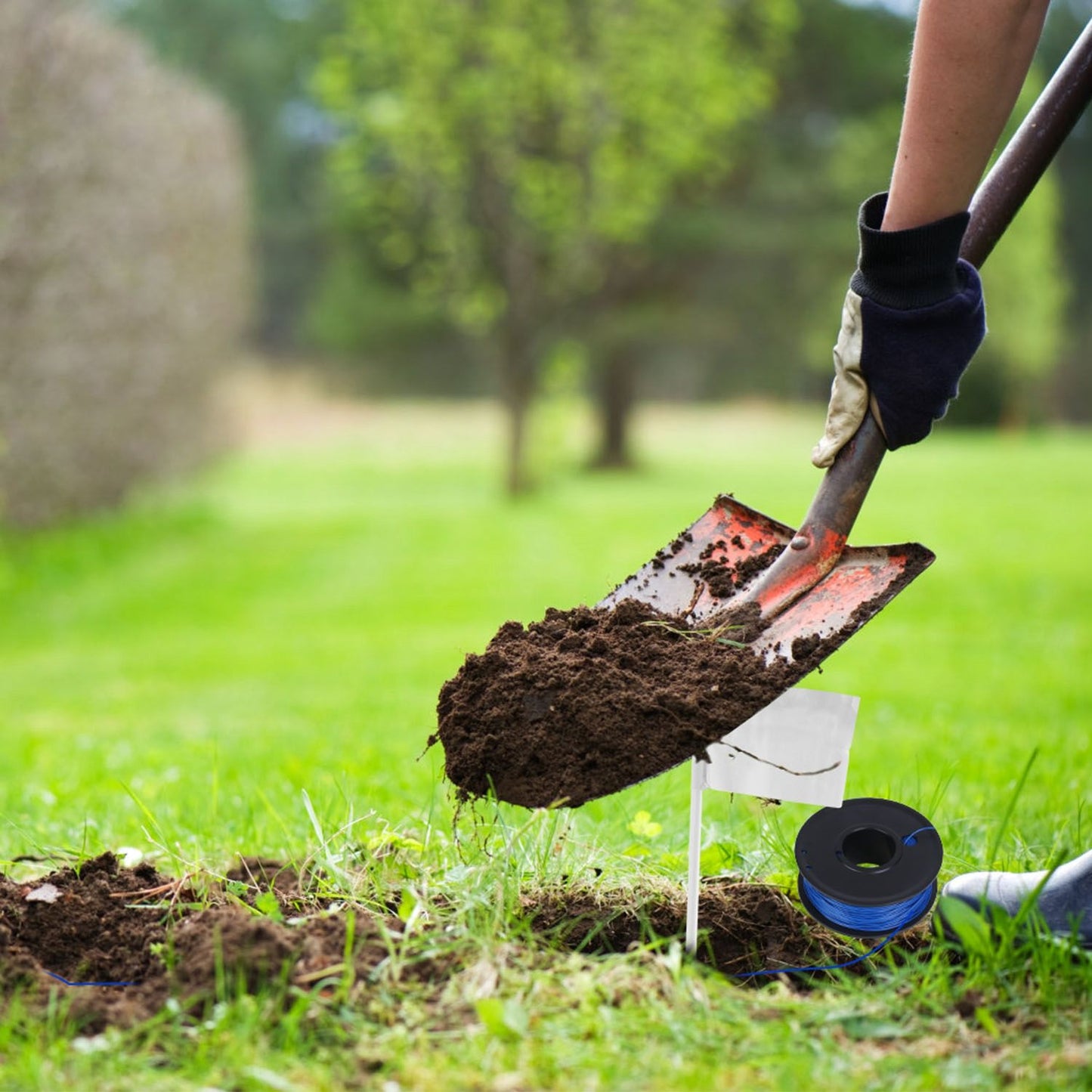 A gardener using a shovel to dig soil on a grassy area, with a spool of blue garden wire and a marking stake in the foreground.