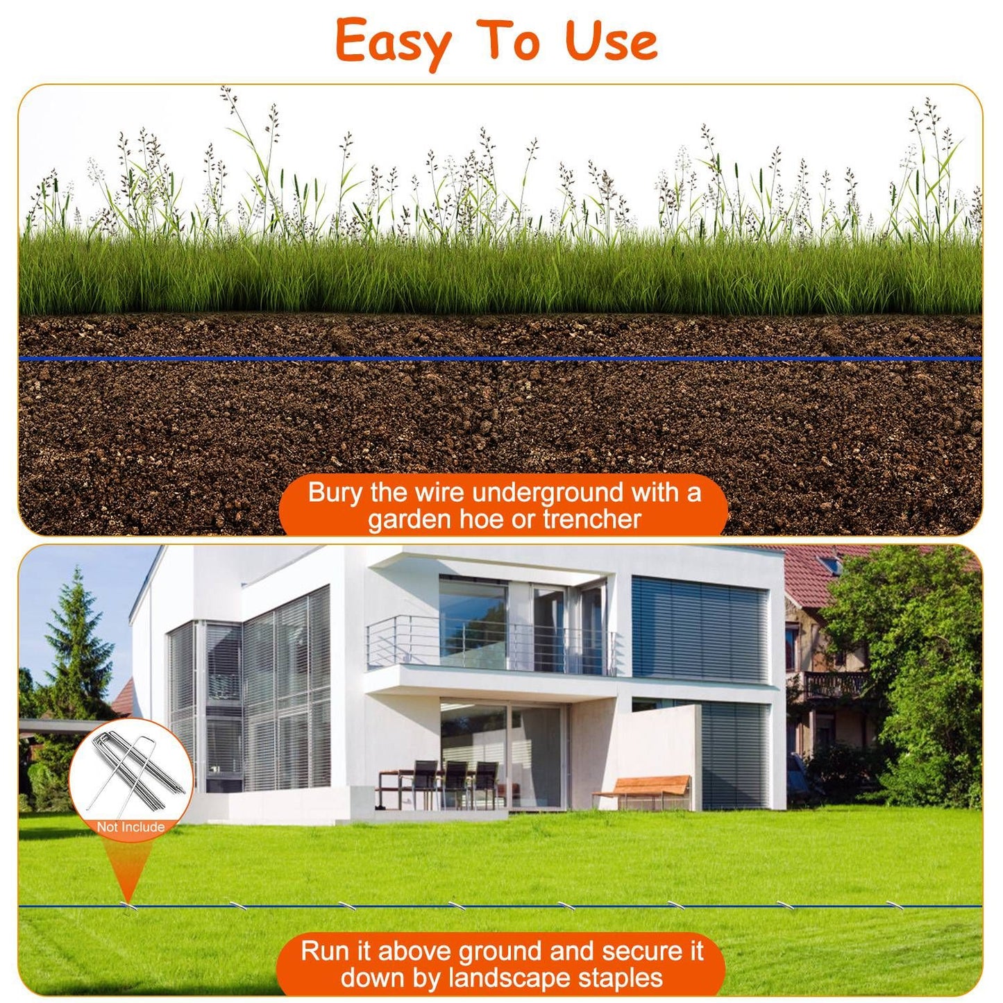 Illustration showing how to install landscape wire, featuring two methods: burying the wire underground using a garden hoe or running it above ground secured by landscape staples, with clear visual instructions for easy use.