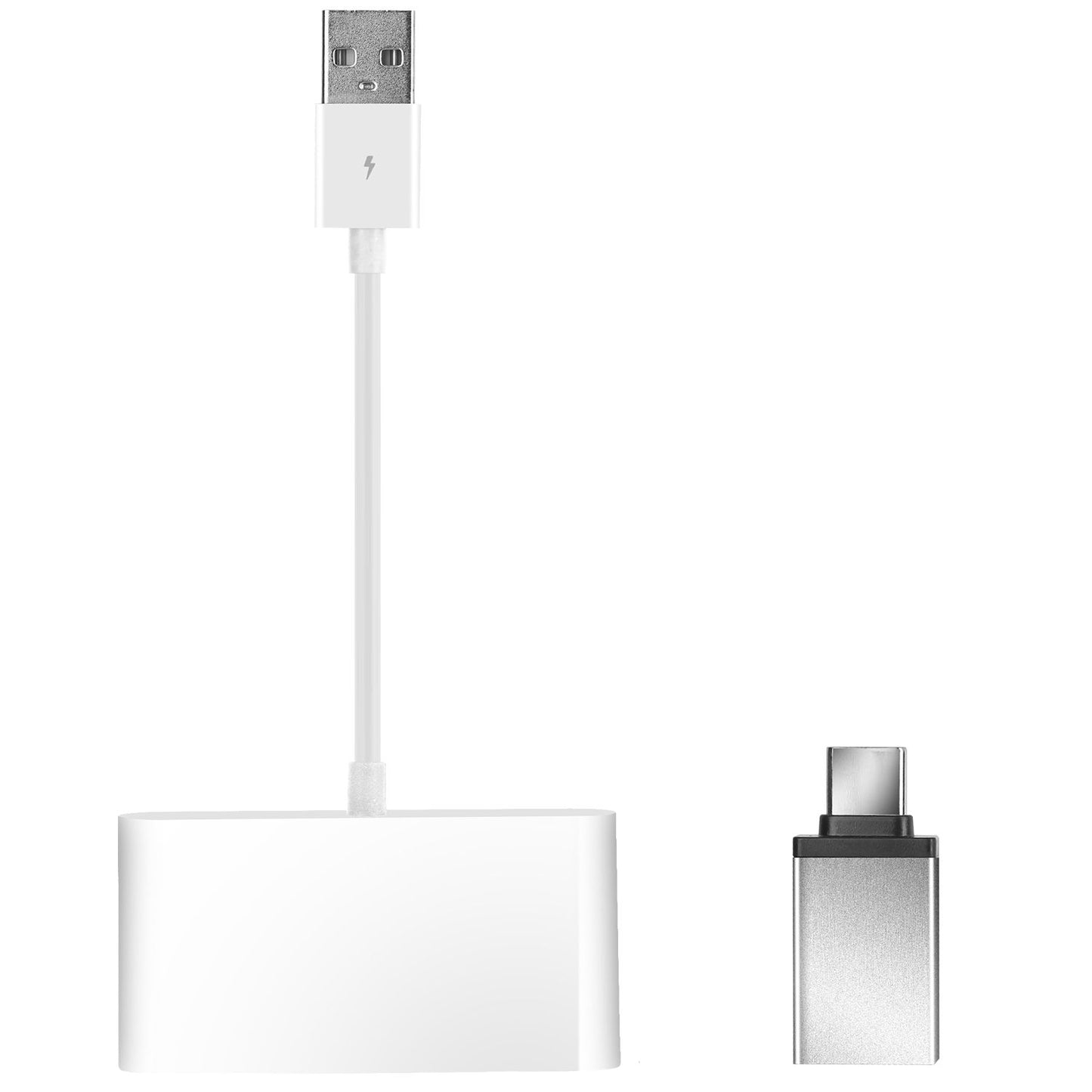 USB-C to USB adapter with a detachable white cable for data transfer and charging, featuring a sleek design and compact size for easy portability.
