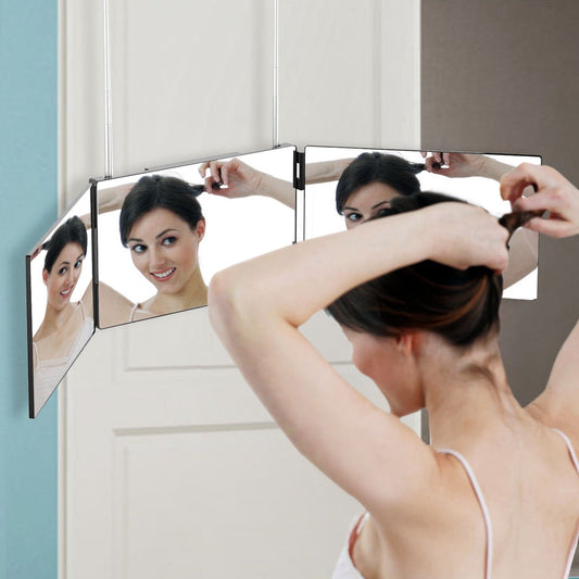Adjustable three-panel wall mirror for convenience in hairstyling and grooming.