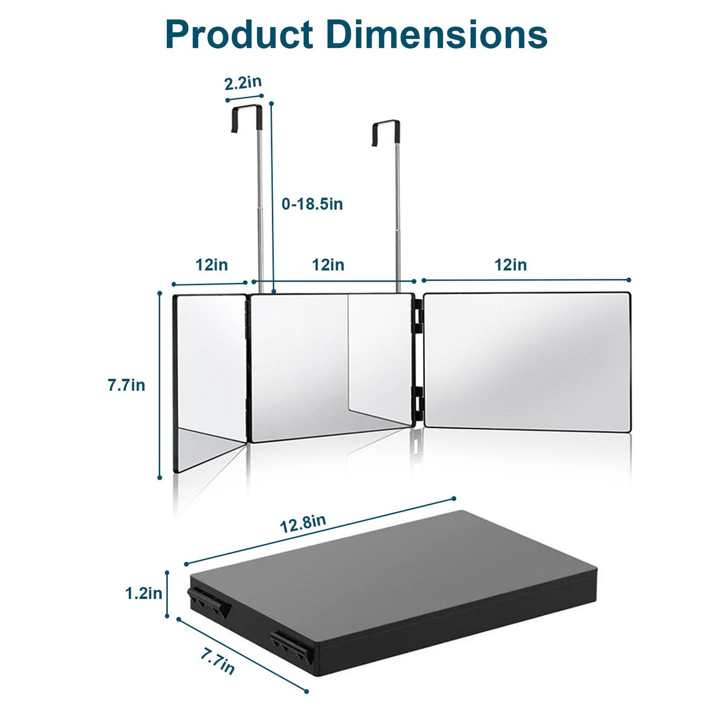 Product dimensions image showcasing a portable reflective windscreen with adjustable height, measuring 12 inches wide by 18.5 inches tall and a folded size of 12.8 inches by 7.7 inches.