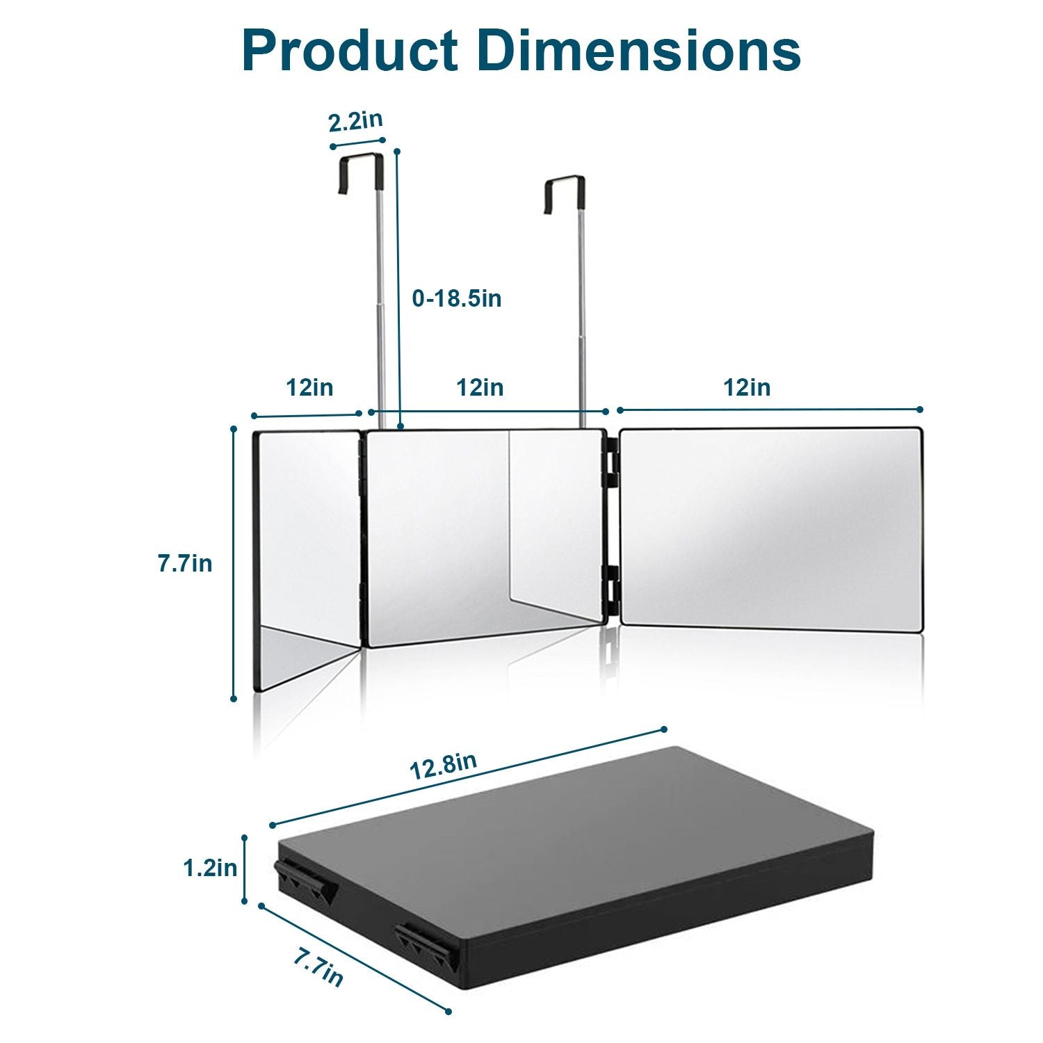 Product dimensions image showcasing a portable reflective windscreen with adjustable height, measuring 12 inches wide by 18.5 inches tall and a folded size of 12.8 inches by 7.7 inches.