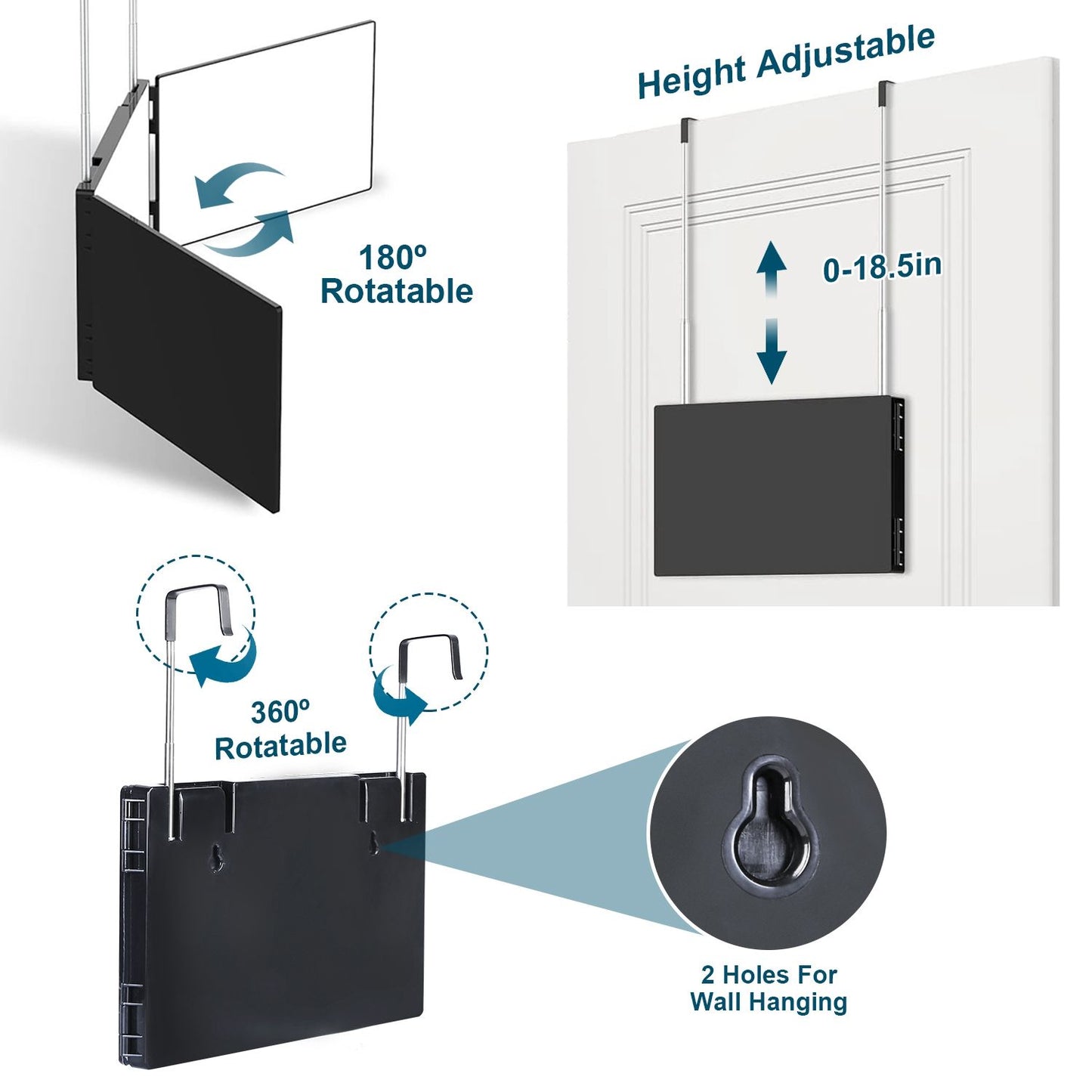 Height-adjustable black wall organizer with 180° rotatable design and 360° rotating hooks for versatile display options.