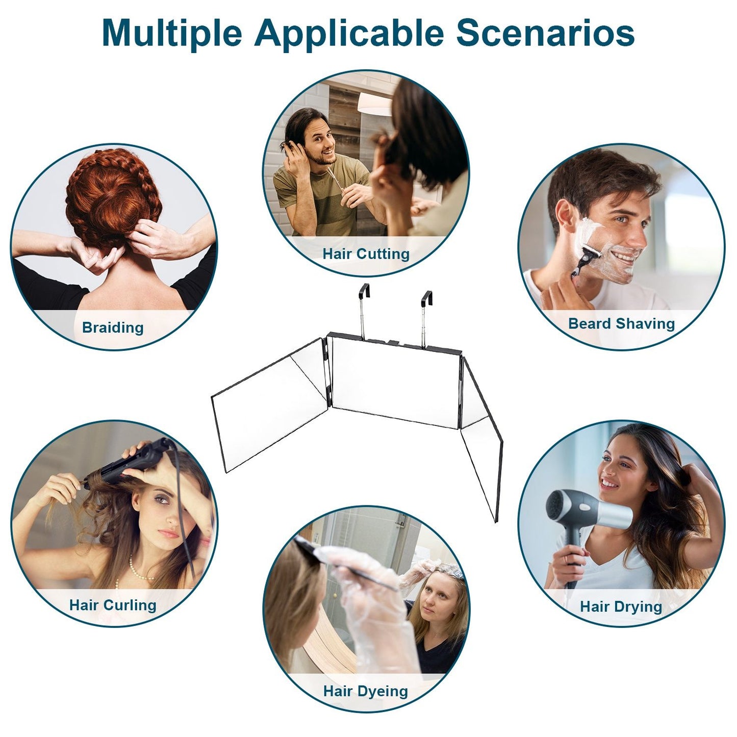 Multiple hair styling scenarios illustrated, featuring a portable hair cutting mirror setup for braiding, hair cutting, beard shaving, hair curling, hair dyeing, and hair drying.