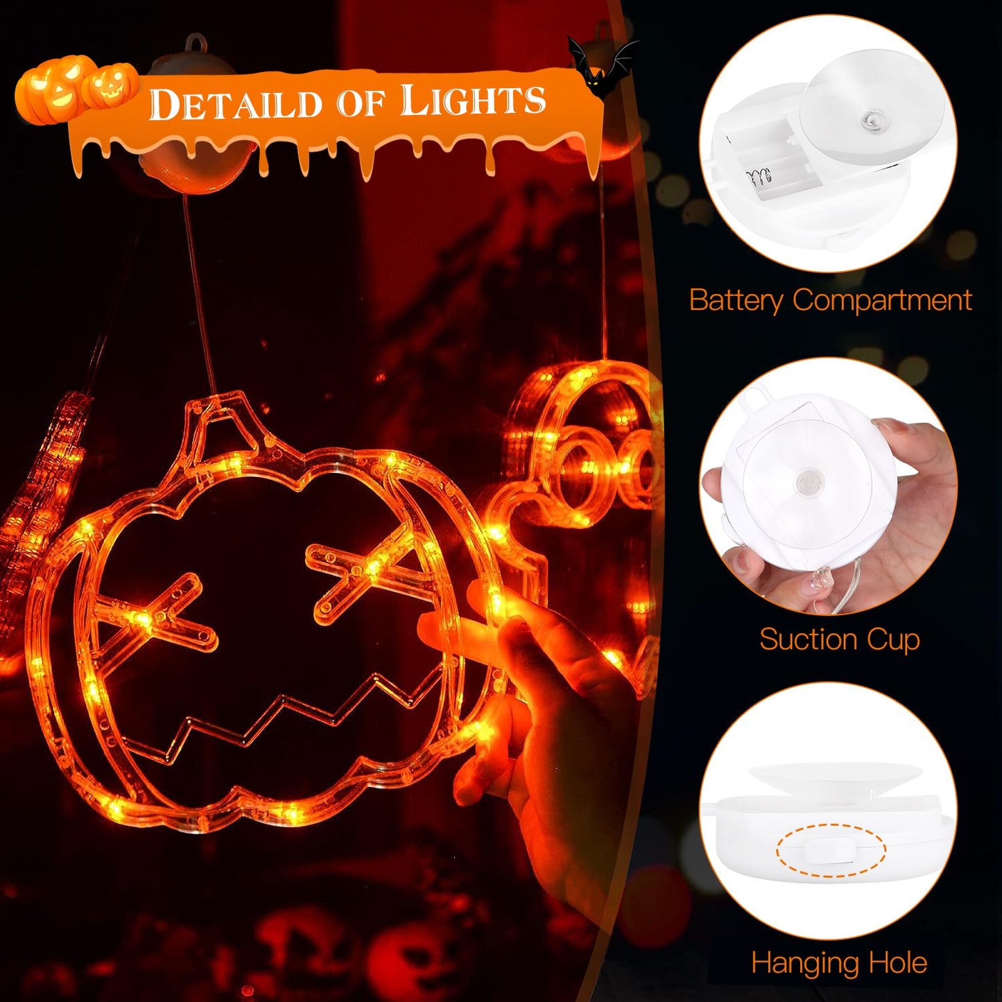 Halloween pumpkin-shaped LED light display with orange glowing lights, featuring a battery compartment, suction cup, and hanging hole for easy installation.