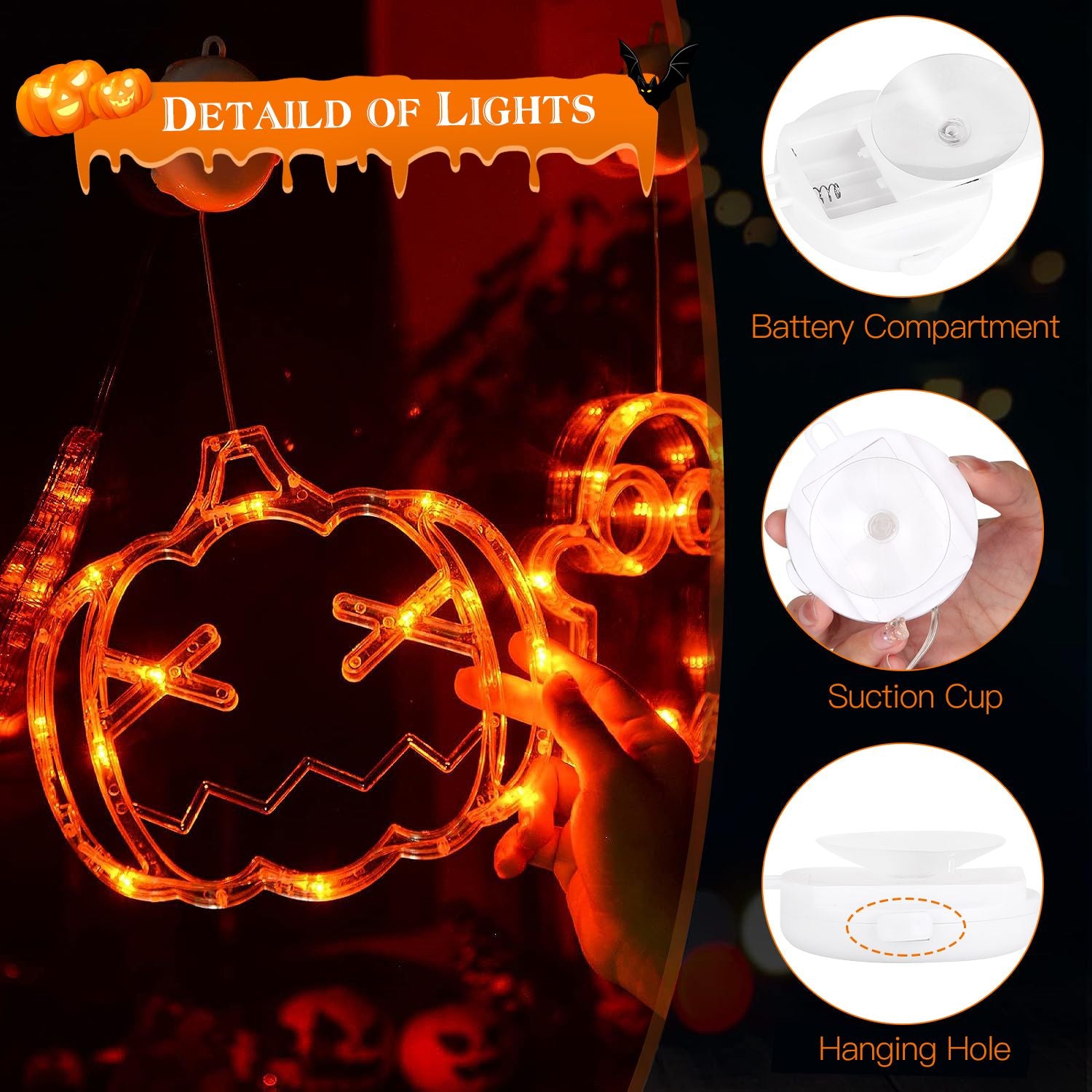 Halloween pumpkin-shaped LED light display with orange glowing lights, featuring a battery compartment, suction cup, and hanging hole for easy installation.