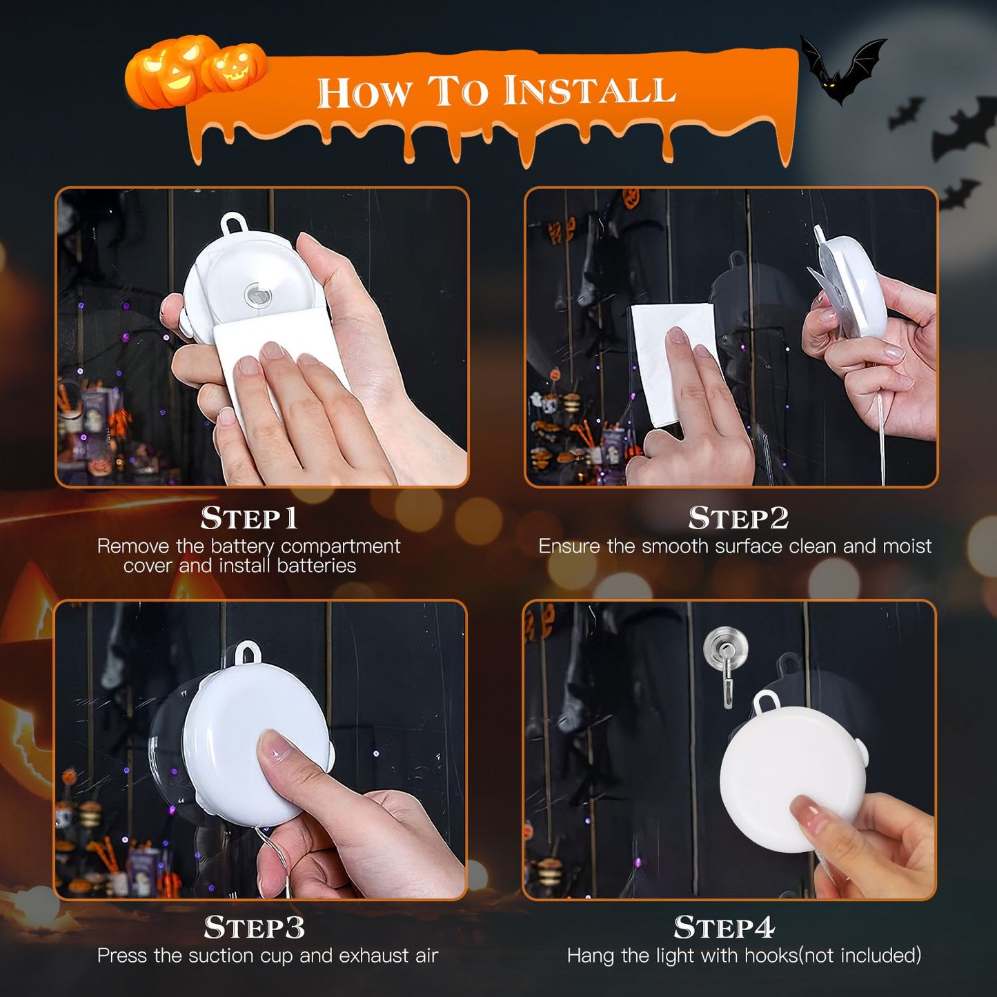 Step-by-step installation guide for a suction cup light, showing the process of battery installation, surface preparation, air exhaust, and hanging the light with hooks.