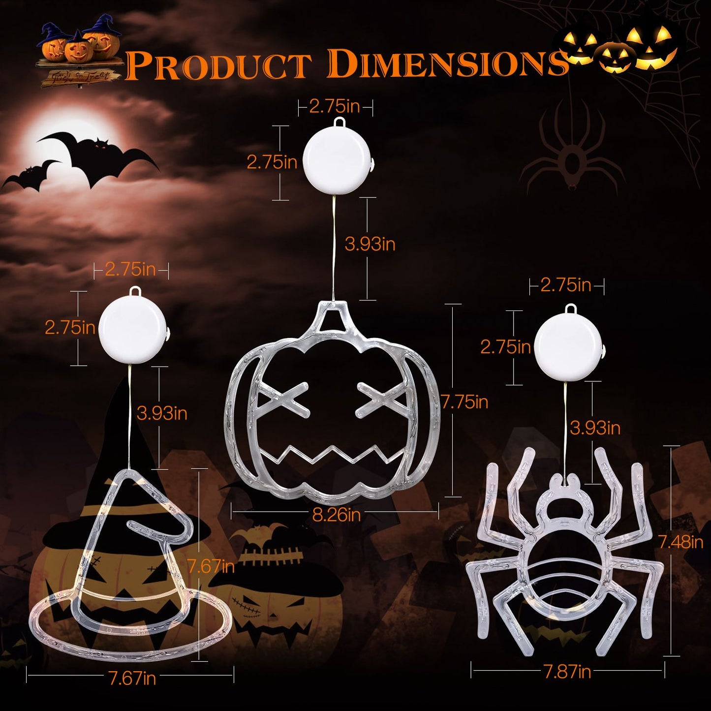 Product dimensions showcasing Halloween-themed decorations including a pumpkin, witch hat, and spider, with measurements displayed in inches on a dark, spooky background.