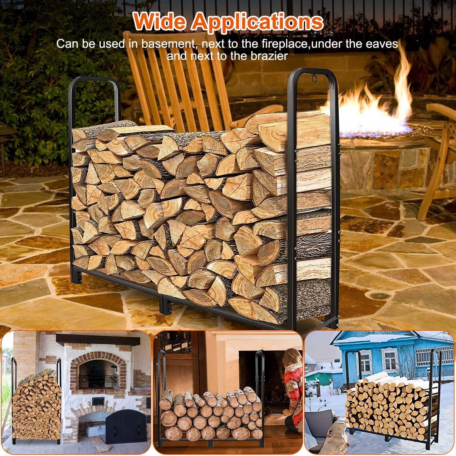 Wood storage rack displaying neatly stacked logs, showcasing various usage settings: indoors by a fireplace and outdoors by a fire pit, with a focus on organization and easy access for firewood.