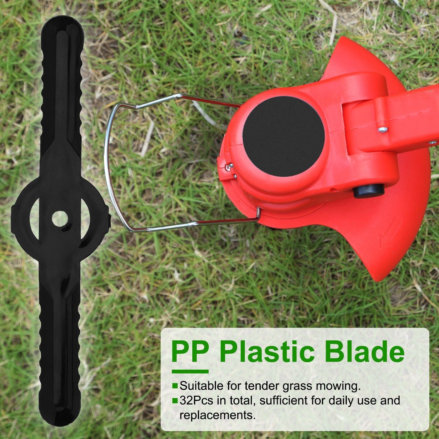 Black PP plastic blade for lawn trimmer, designed for mowing tender grass, displayed alongside a red trimmer head, with a total of 32 pieces available for daily use and replacements.