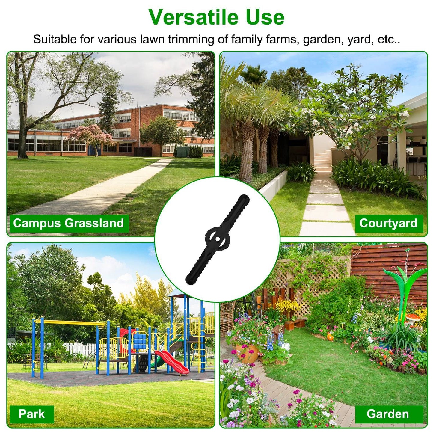 Versatile lawn trimmer tool displayed with diverse outdoor settings including a campus grassland, courtyard, park, and garden, highlighting its suitability for family farms and yard maintenance.