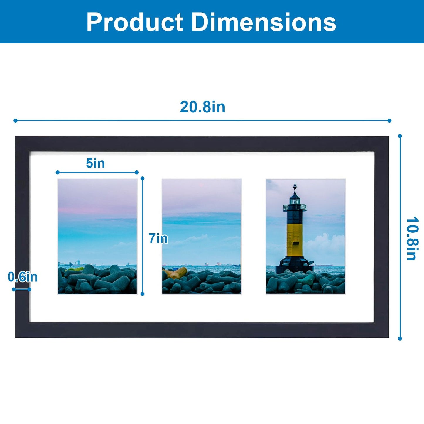 Product dimensions of a modern triple photo frame featuring three landscape photos, including a vibrant lighthouse, with measurements of 20.8 inches wide, 10.8 inches high, and a depth of 0.6 inches.