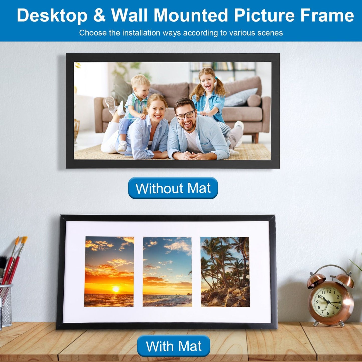 Desktop and wall-mounted picture frames displayed in a stylish setting, featuring one frame without a mat showcasing a family on a sofa, and another frame with a mat displaying three scenic photos of a sunset and palm trees.