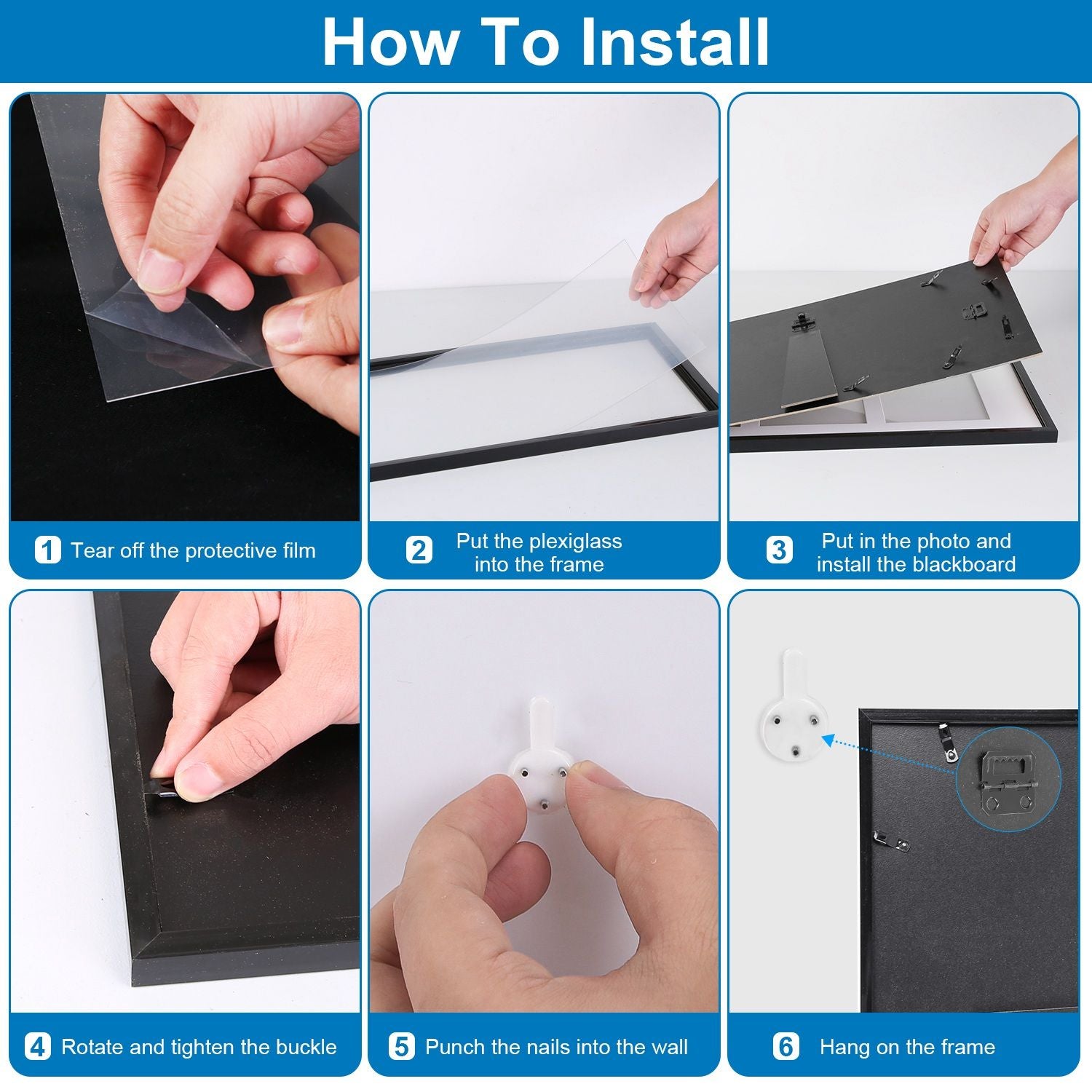Installation guide for photo frame showing six steps: removing protective film, placing plexiglass, inserting photo, securing buckle, attaching nails to wall, and hanging the frame.
