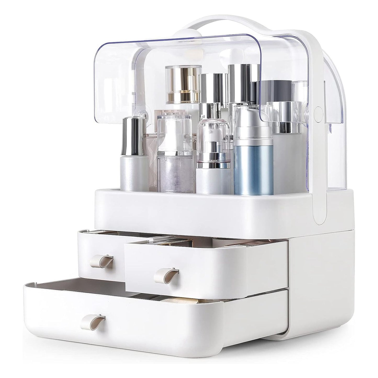 Clear acrylic and white cosmetic organizer with multiple drawers and compartments, displaying various beauty products and skincare bottles for efficient storage and access.