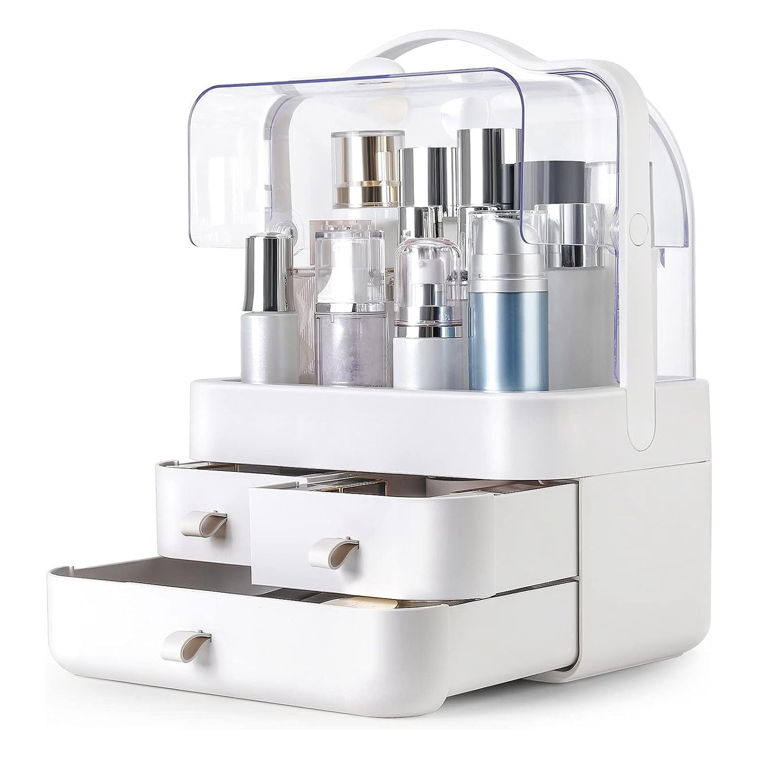 Clear acrylic and white cosmetic organizer with multiple drawers and compartments, displaying various beauty products and skincare bottles for efficient storage and access.