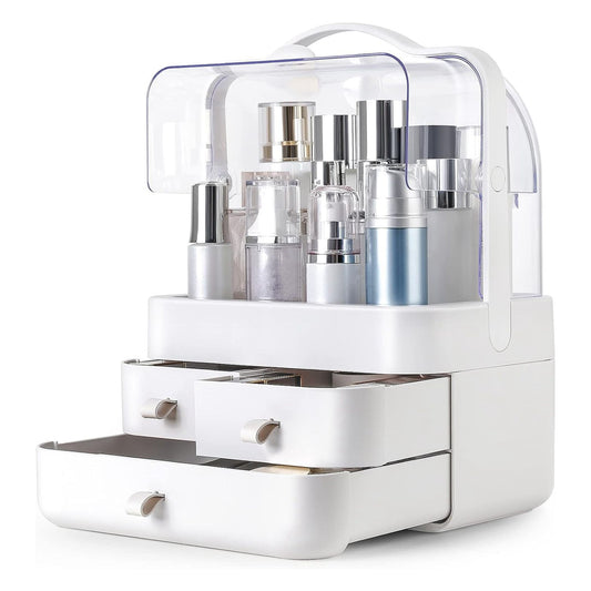 Clear acrylic and white cosmetic organizer with multiple drawers and compartments, displaying various beauty products and skincare bottles for efficient storage and access.