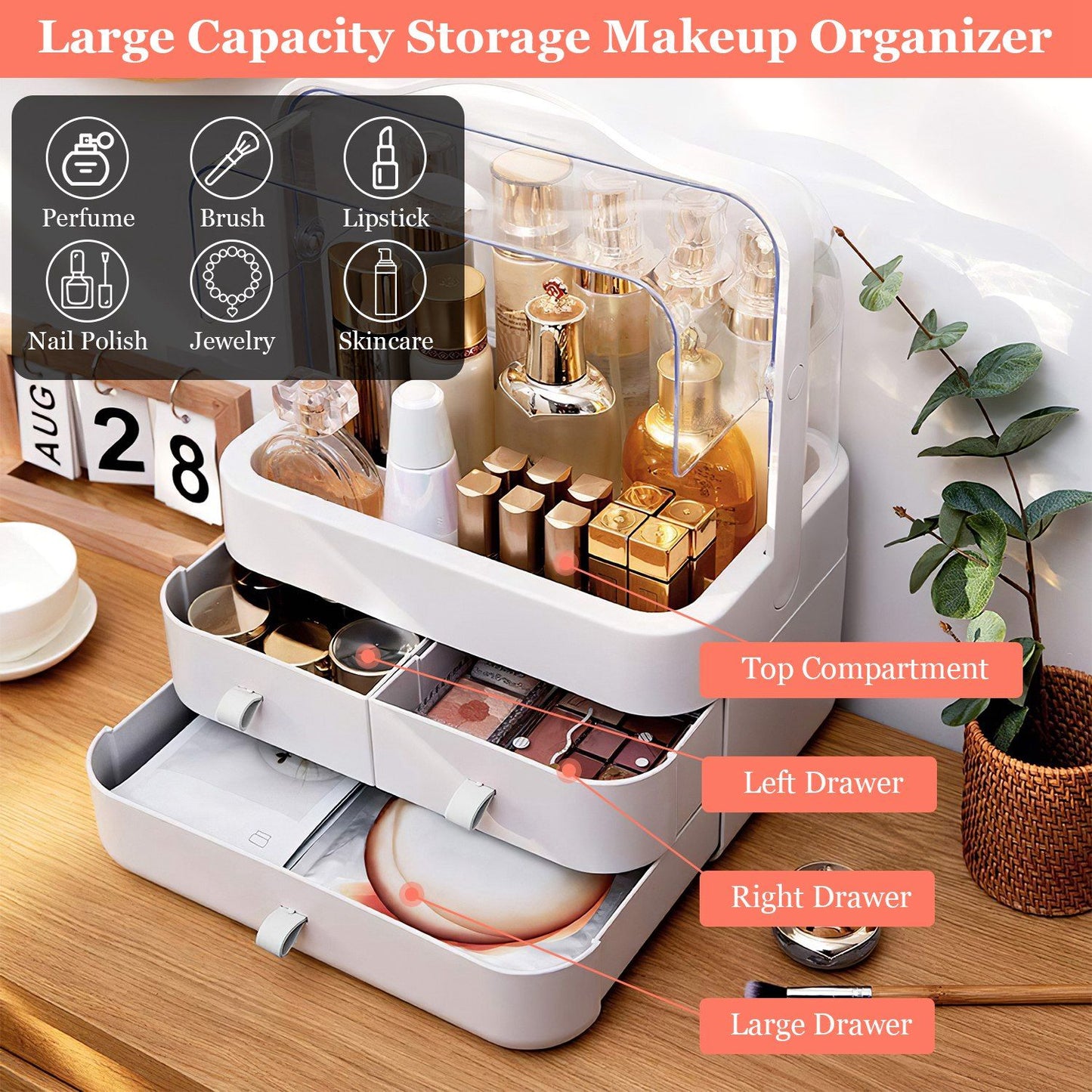 Large capacity makeup organizer featuring multiple compartments for perfumes, skincare, lipsticks, brushes, and jewelry, designed to keep beauty products neatly stored and easily accessible on a stylish wooden surface.
