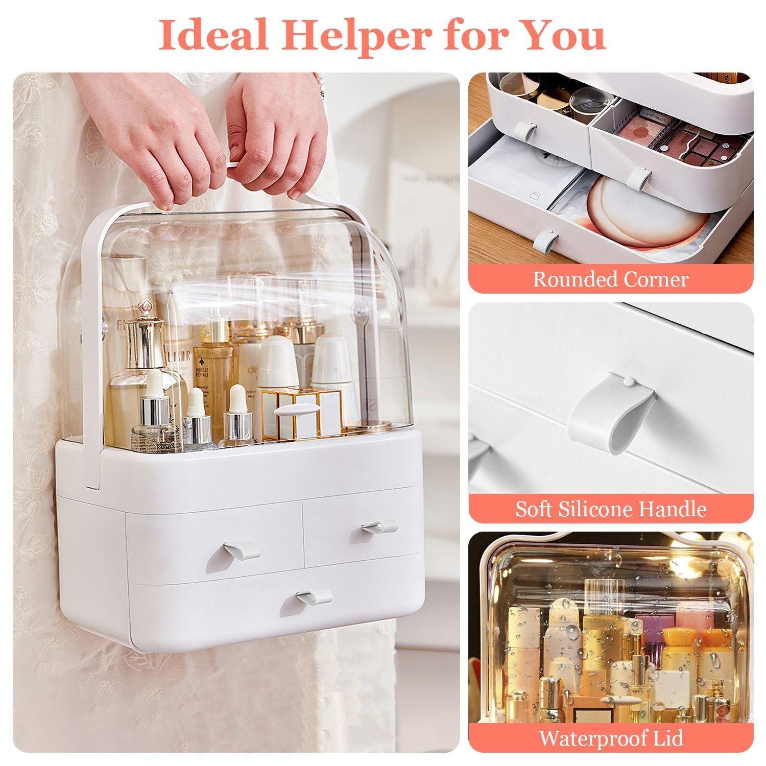 Clear cosmetic organizer with a waterproof lid and soft silicone handle, featuring multiple storage compartments and a stylish design for beauty products.