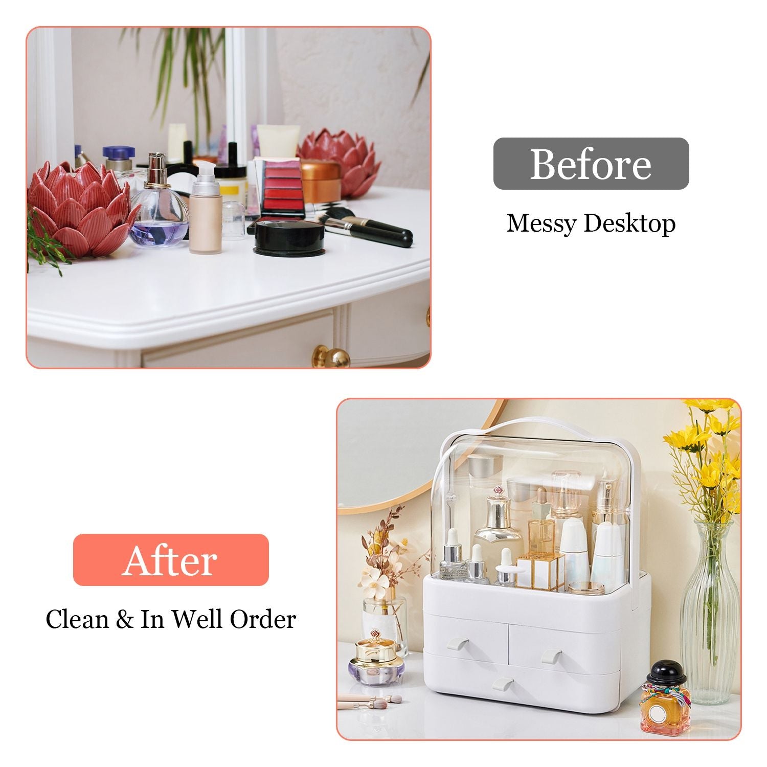 Before and after comparison of a desktop cosmetic organizer, showing a cluttered makeup collection on a white table in the 'before' image, and a neat, organized cosmetic holder filled with various beauty products and clear drawers in the 'after' image.