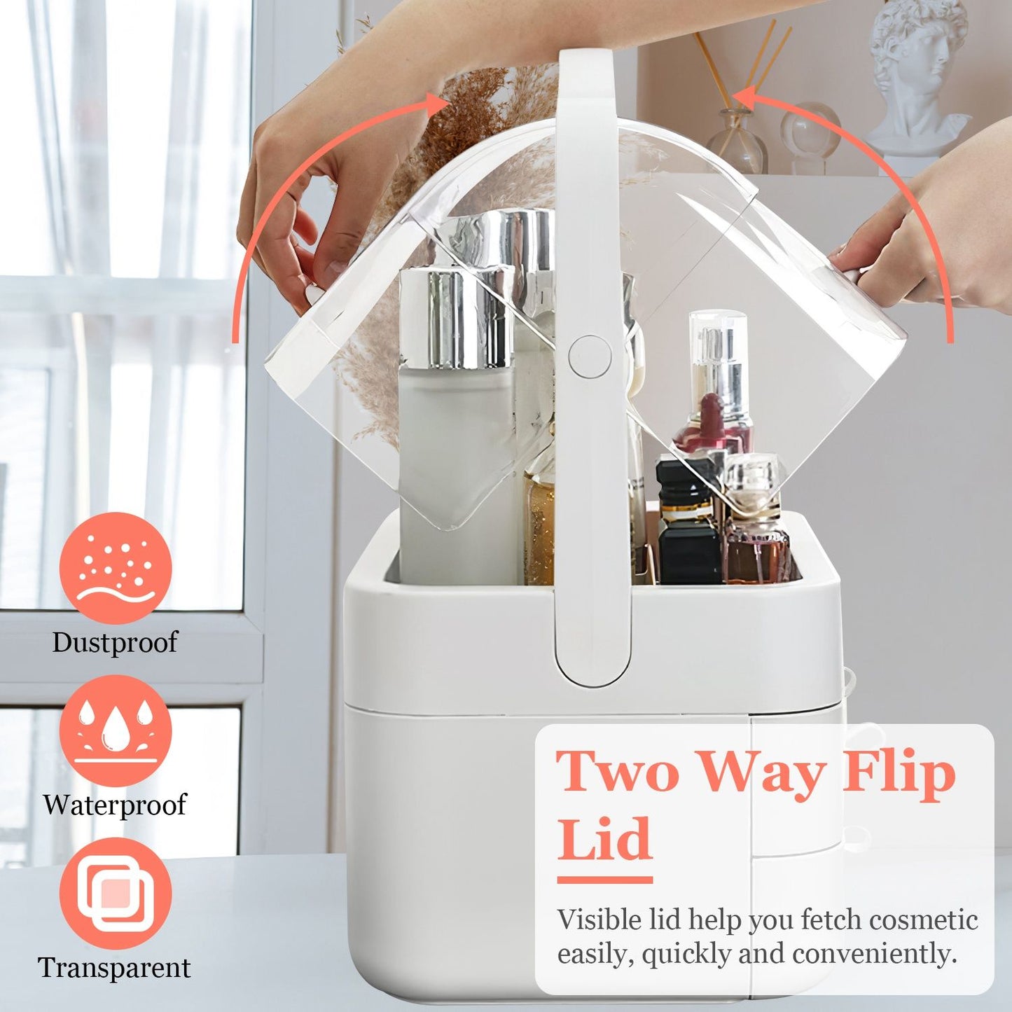 Transparent cosmetic storage box with a two-way flip lid, showcasing dustproof and waterproof features, perfect for organizing beauty products efficiently.