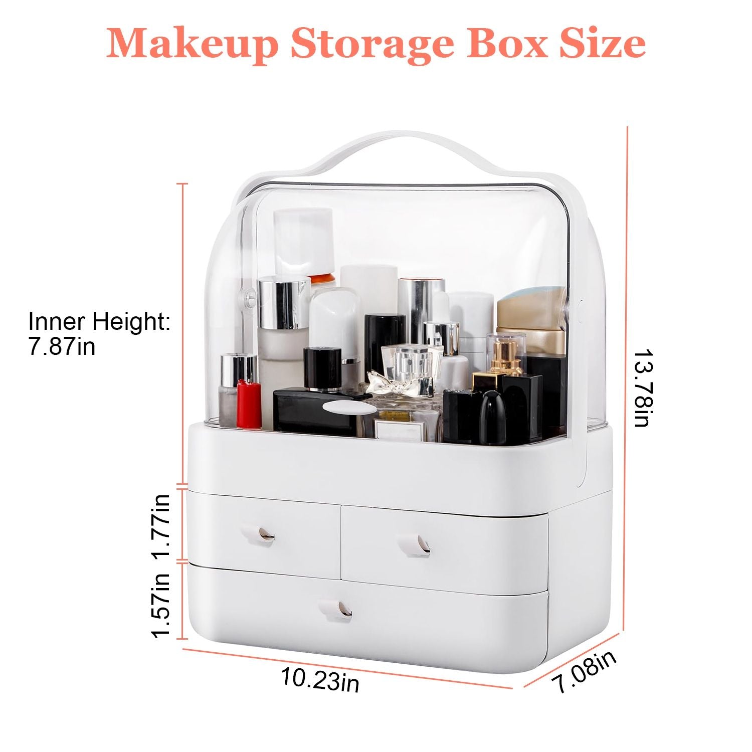 Makeup storage box featuring a clear top and multiple drawers, showcasing various cosmetic products, dimensions displayed: 13.78 inches tall, 10.23 inches wide, 7.08 inches deep, with an inner height of 7.87 inches and drawer height of 1.57 inches.