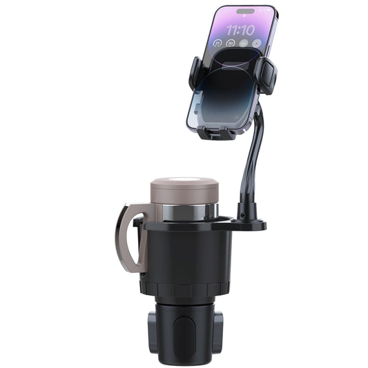 Car cup holder phone mount with adjustable arm, designed to securely hold smartphones while driving, featuring a sleek black and gray design.