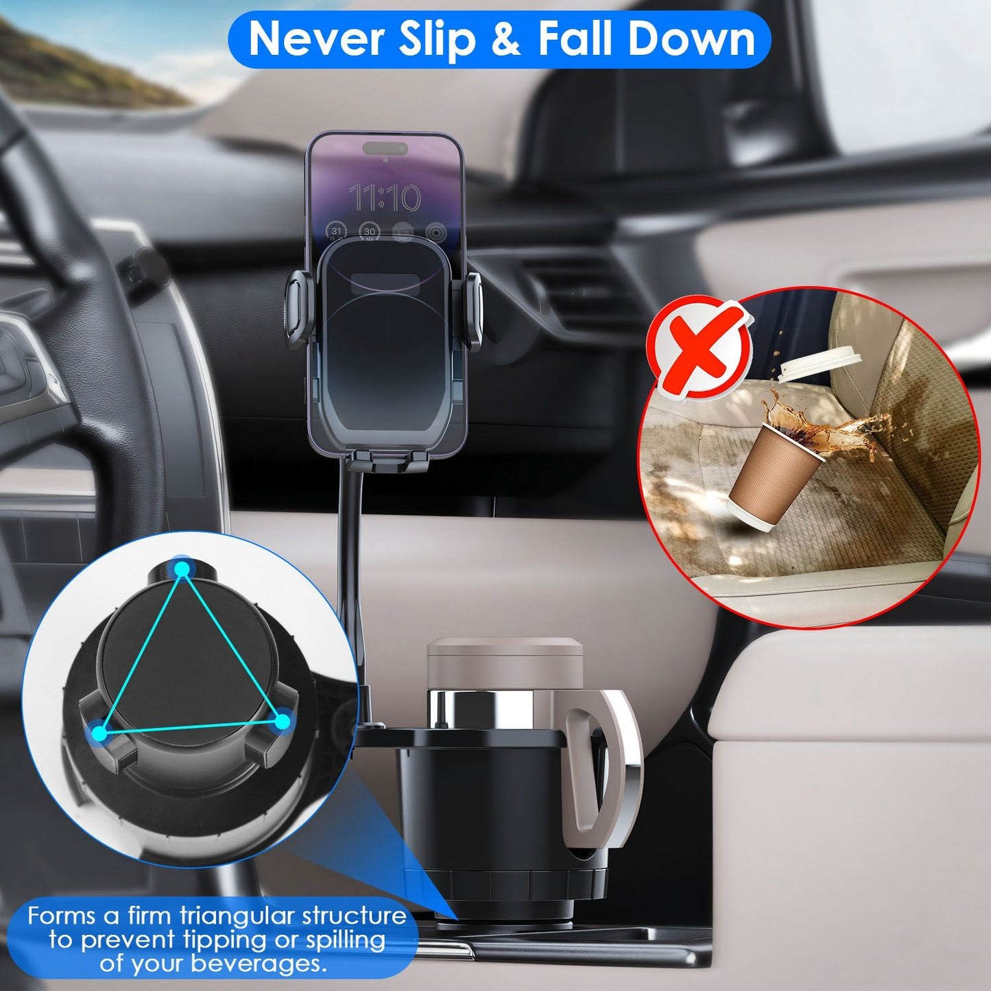 Car cup holder with phone holder, showcasing anti-slip design and triangular structure to prevent spills.