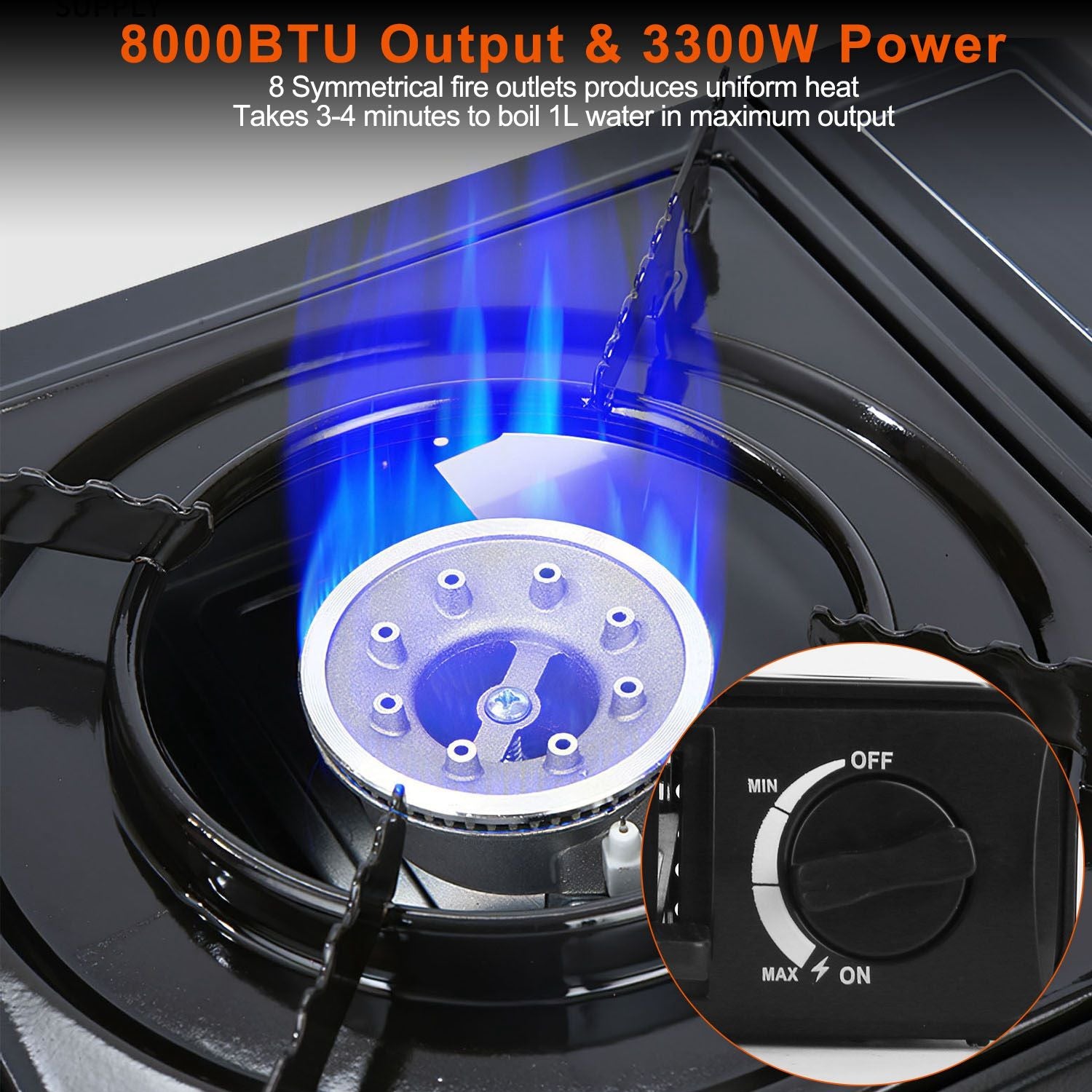 High-efficiency gas stove burner with 8000 BTU output and 3300W power, featuring symmetrical fire outlets for uniform heat and a control knob indicating off and maximum settings.
