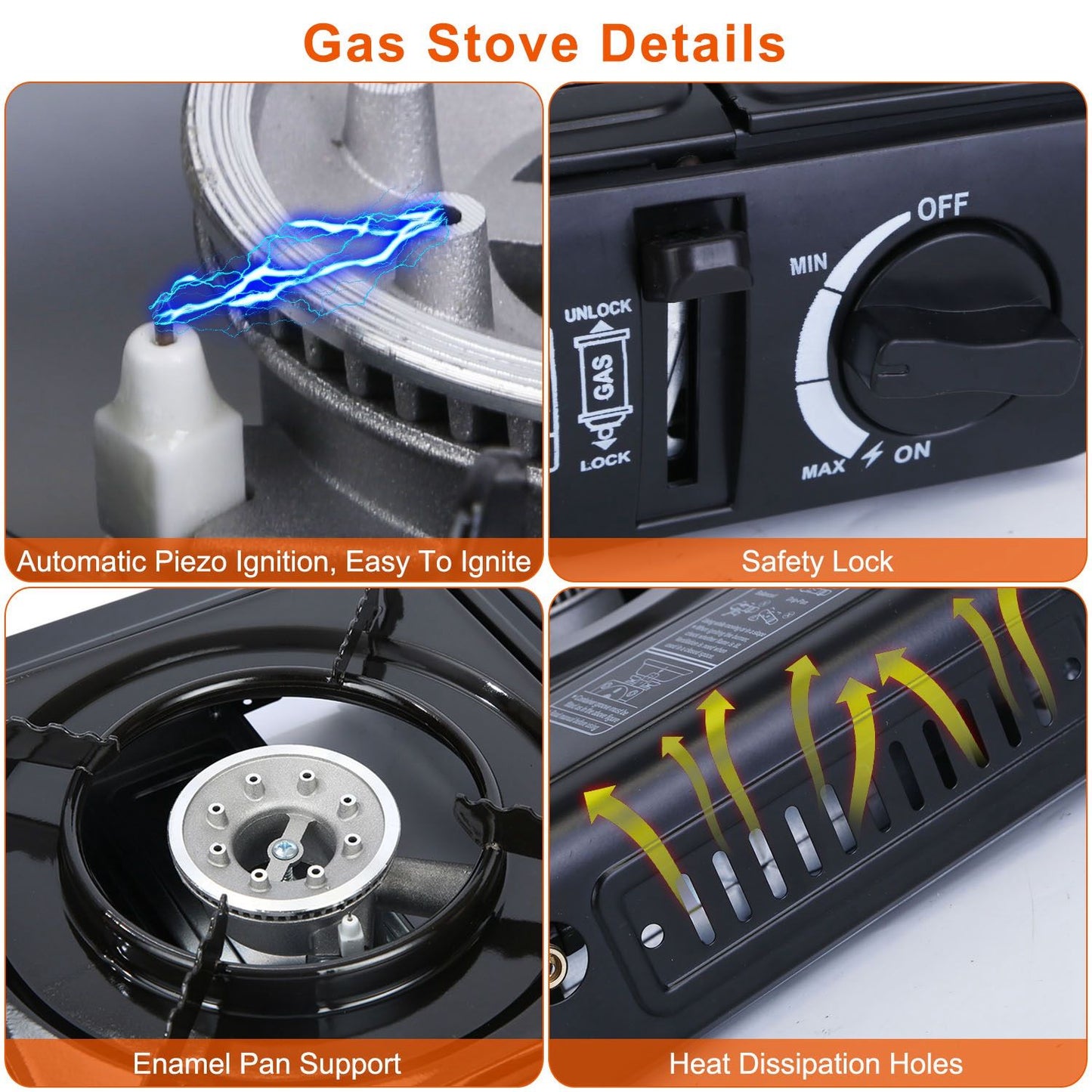 Gas stove features including automatic piezo ignition, safety lock, enamel pan support, and heat dissipation holes for efficient cooking.