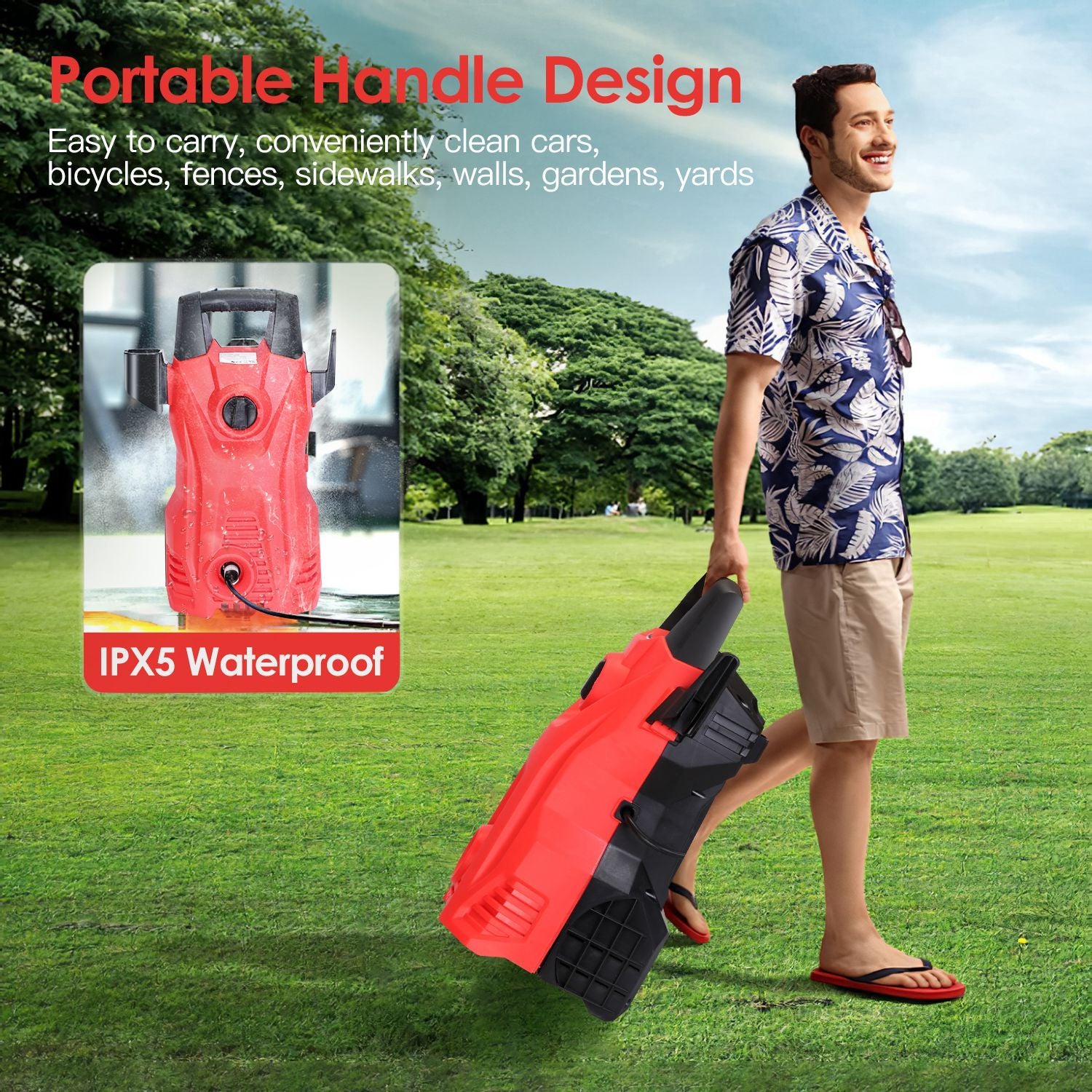Portable red pressure washer with handle, ideal for cleaning vehicles, bicycles, and outdoor surfaces, shown being carried in a grassy area.