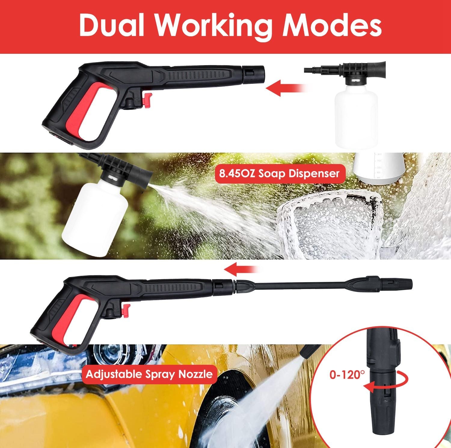 High-pressure adjustable spray gun with 8.45oz soap dispenser, featuring dual working modes and a nozzle that adjusts from 0 to 120 degrees for versatile cleaning applications.