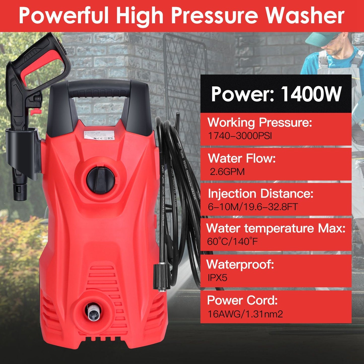 Powerful high pressure washer in red with hose and trigger gun, featuring 1400W power, 1740-3000 PSI working pressure, 2.6 GPM water flow, and waterproof IPX5 rating; ideal for efficient outdoor cleaning and maintenance.