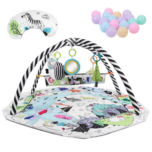 Colorful baby activity play gym with black and white striped arches, soft padded mat featuring whimsical animal designs, attached toys including a mirror and dangling items, accompanied by a set of pastel play balls.
