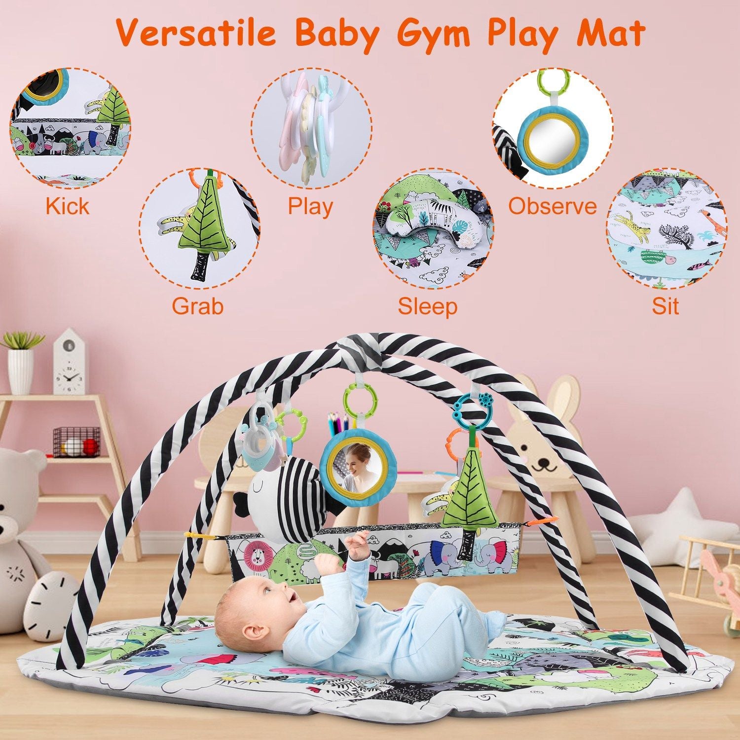 Versatile baby gym play mat featuring colorful hanging toys, a soft padded surface for babies to kick, grab, play, and observe, ideal for encouraging sensory development and tummy time activities.