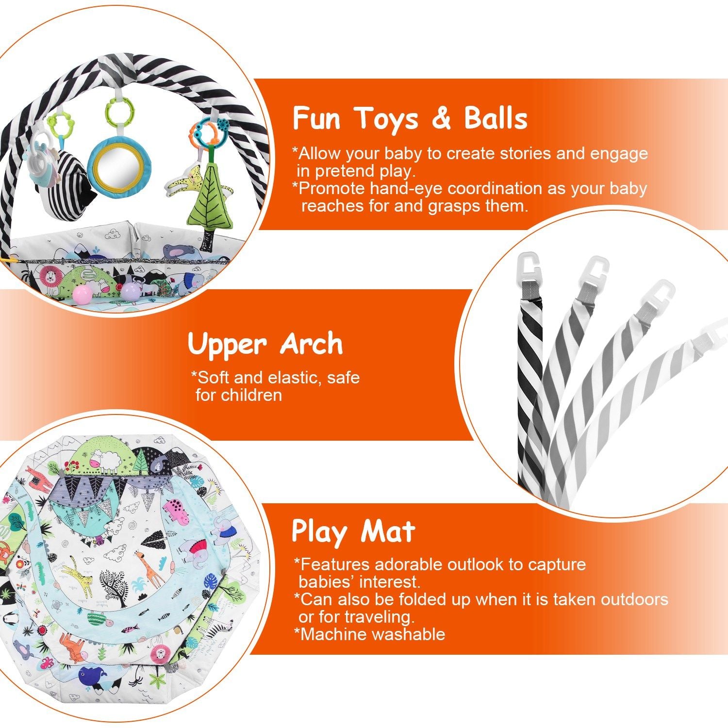 Colorful baby play mat with an upper arch featuring soft, safe toys and a machine washable design, promoting hand-eye coordination and pretend play.