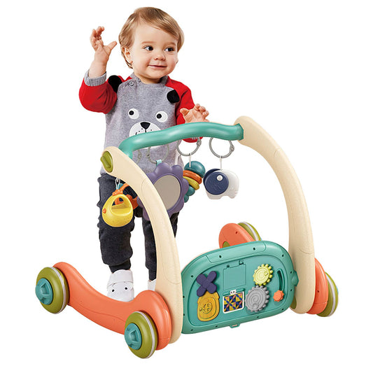 Toddler pushing a colorful baby walker with interactive toys and activities for motor skill development.