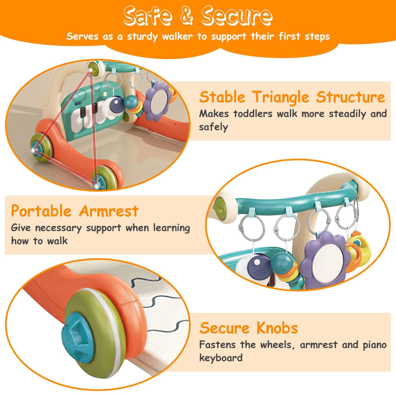 Colorful toddler walker featuring a stable triangle structure, portable armrests, and secure knobs, designed to assist in first steps safely and confidently.