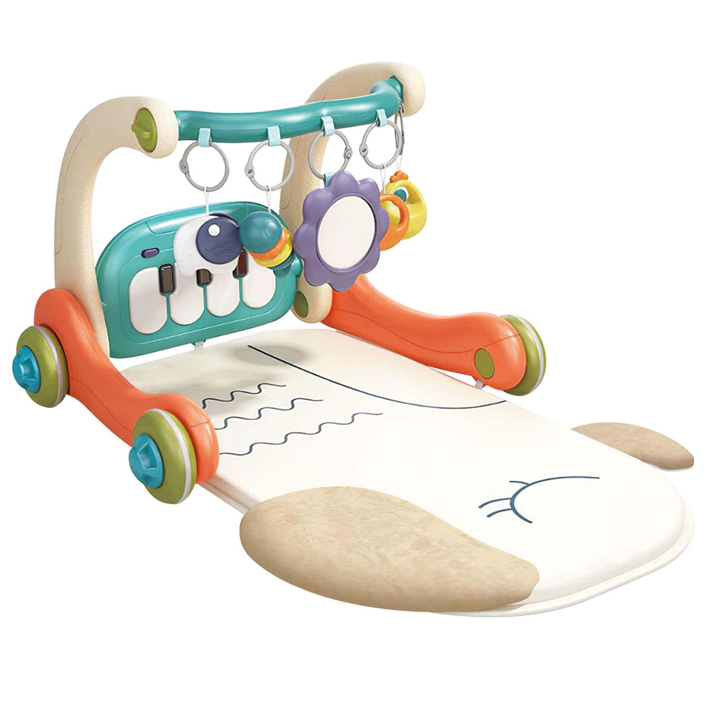 Colorful baby gym play mat with interactive musical piano, plush surface, and hanging toys for tactile and visual stimulation.