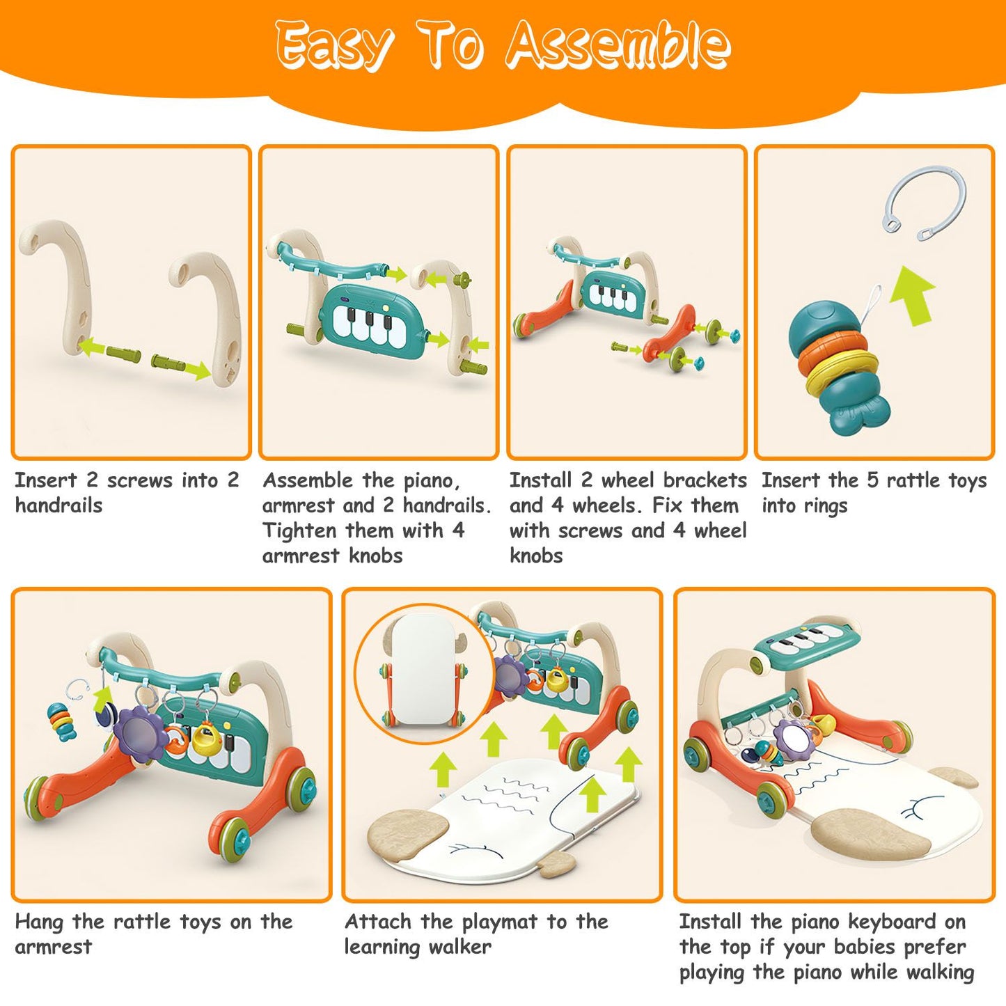 Colorful baby learning walker assembly instructions with piano, rattle toys, and playmat attachment steps for easy setup.