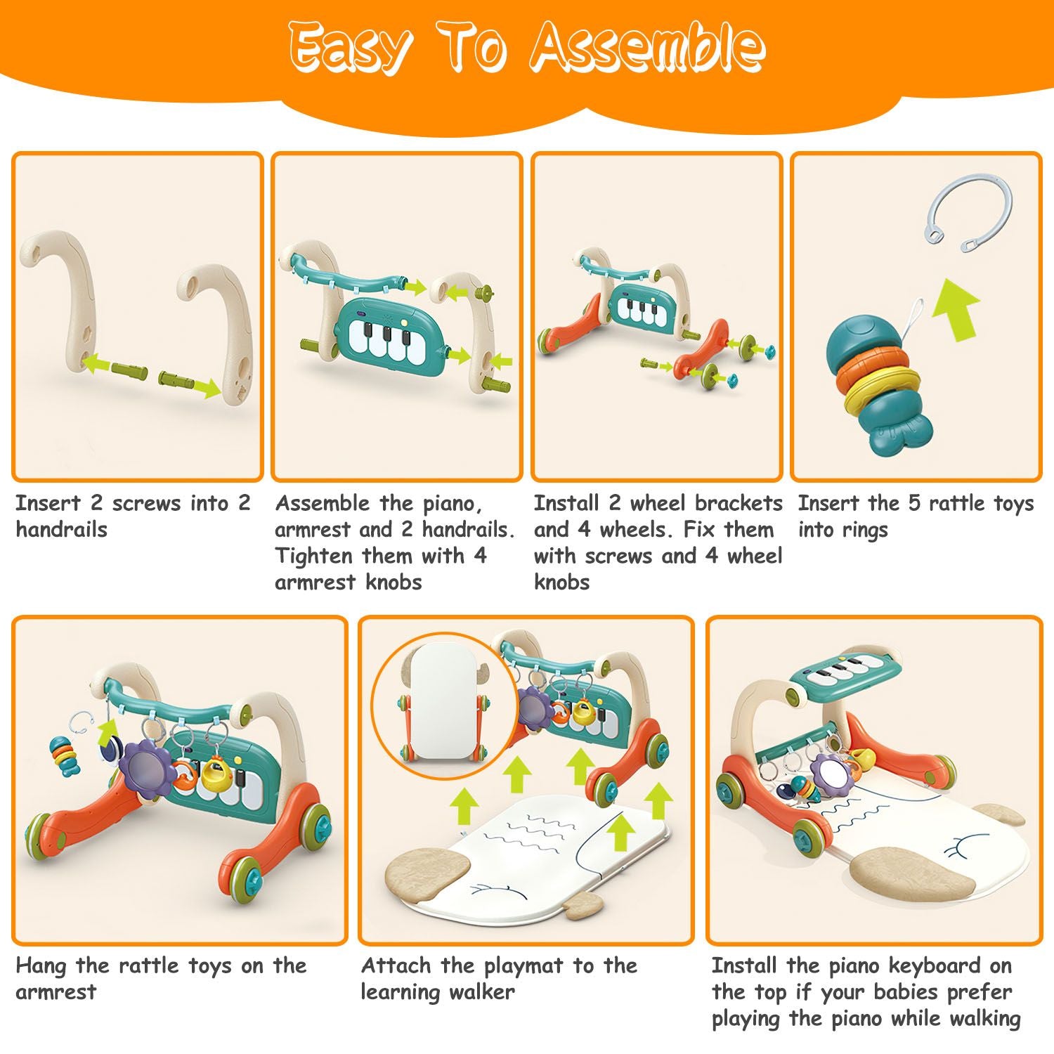 Colorful baby learning walker assembly instructions with piano, rattle toys, and playmat attachment steps for easy setup.