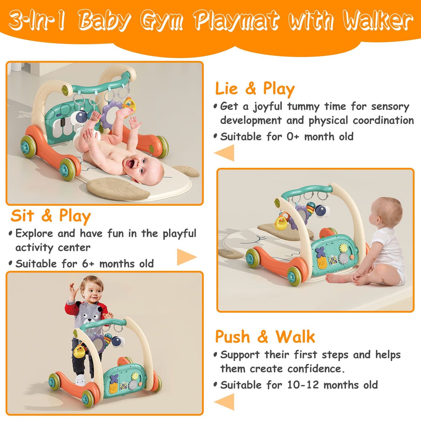 3-in-1 baby gym playmat with walker for sensory play, suitable for infants and toddlers aged 0-12 months, featuring colorful designs and interactive elements for tummy time, sitting, and walking support.