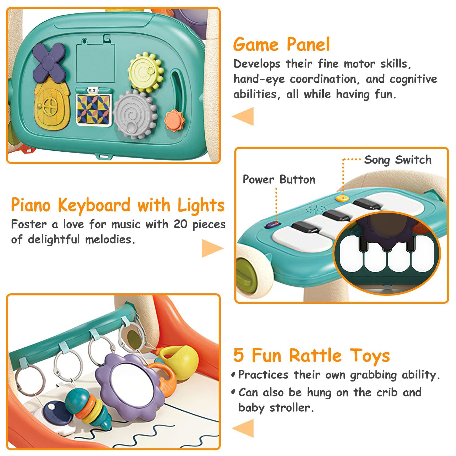 Colorful baby activity center featuring a game panel, piano keyboard with lights, and five fun rattle toys designed to enhance fine motor skills, hand-eye coordination, and cognitive development.