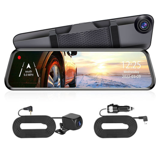 High-definition rearview mirror dash camera with touch screen display, detachable camera, and car charger, designed for vehicle safety and navigation.