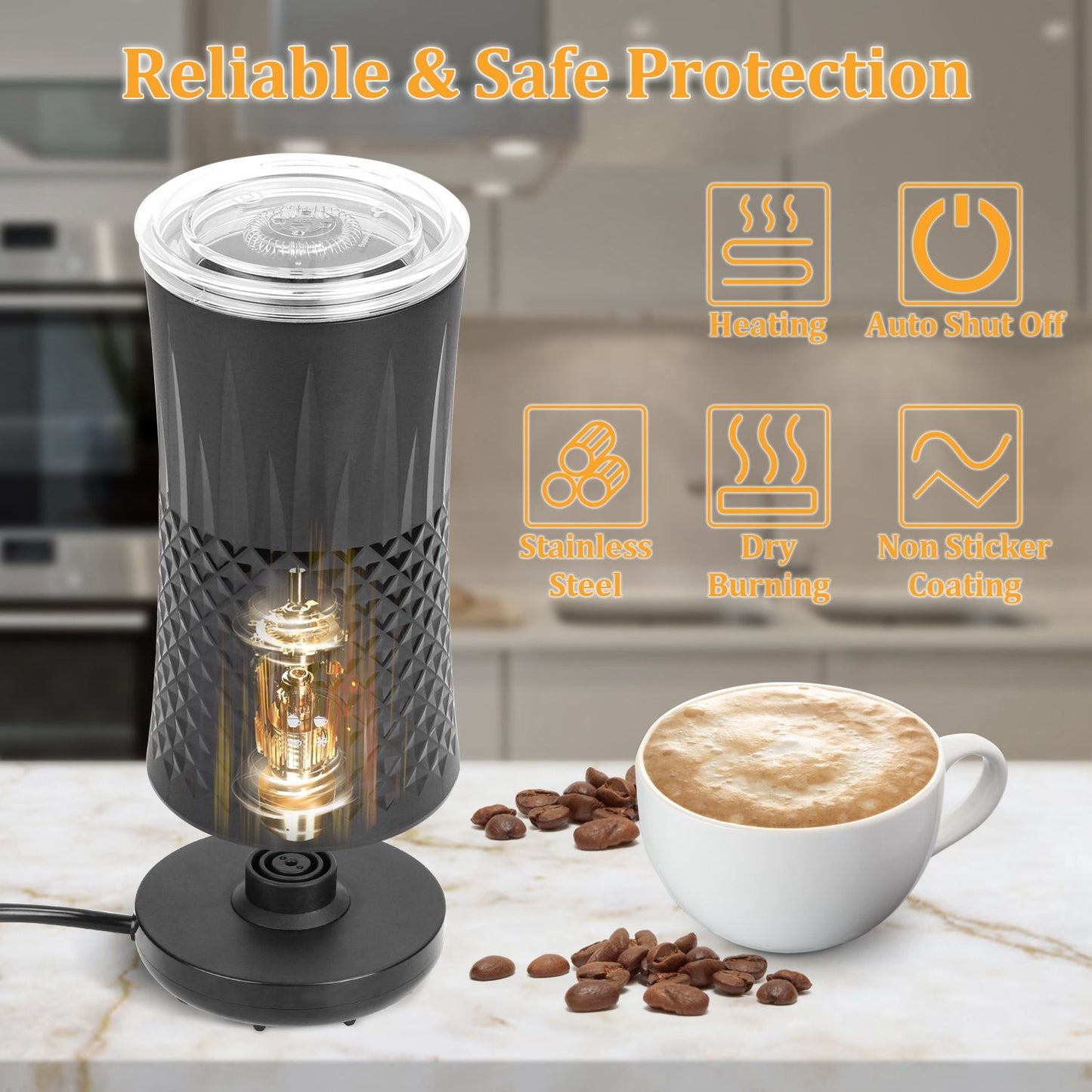 Coffee maker with stainless steel design, featuring heating elements, auto shut-off, and non-stick coating, next to a cup of coffee and coffee beans on a marble countertop.