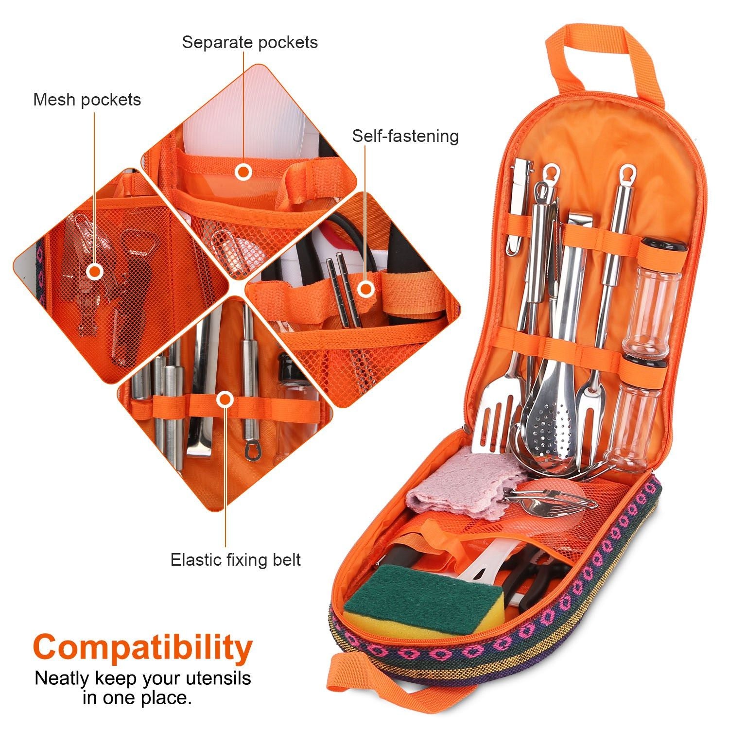 Portable orange utensil organizer with mesh pockets, elastic straps, and self-fastening closure, designed to keep kitchen tools neatly stored and accessible.