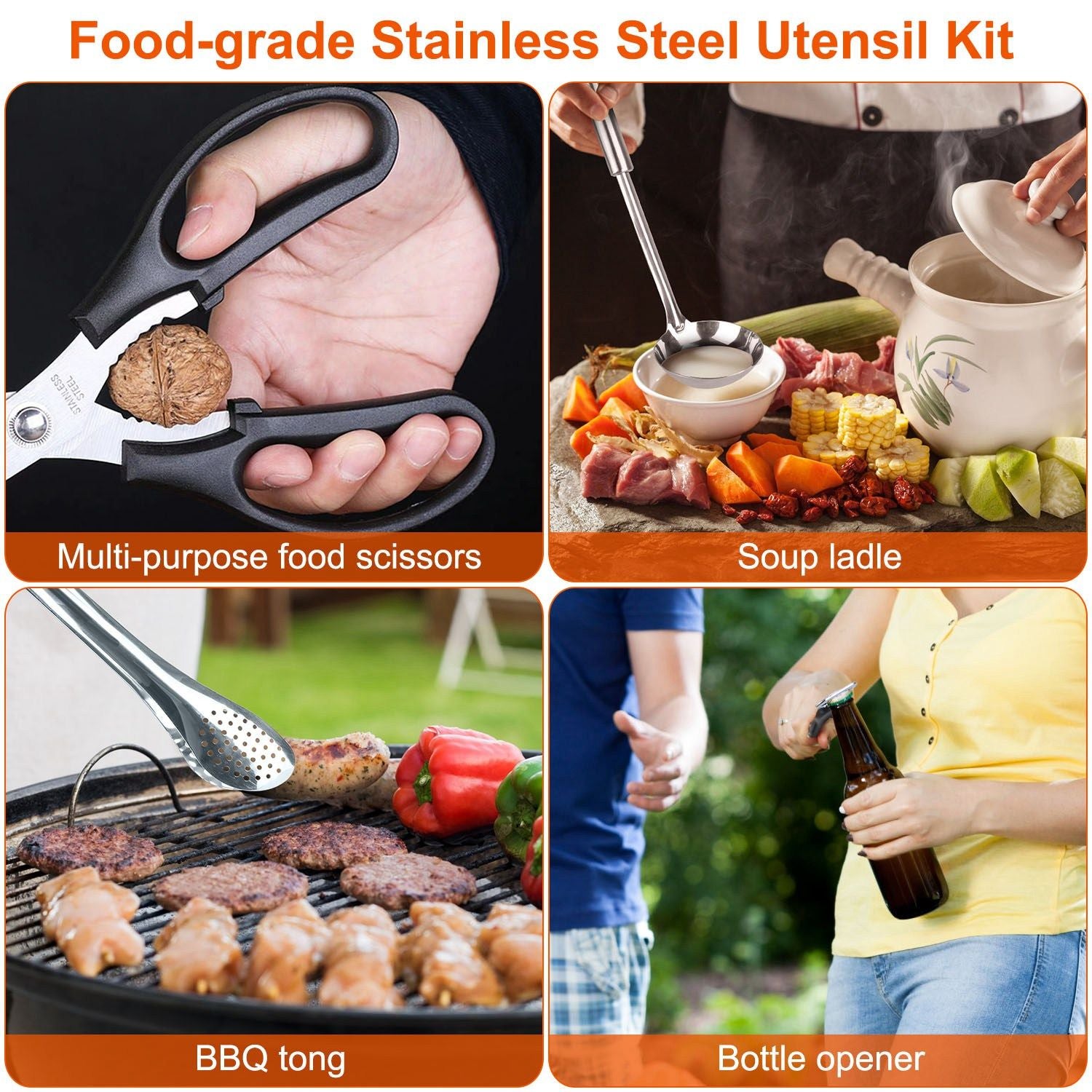 Food-grade stainless steel utensil kit featuring multi-purpose scissors, a soup ladle, BBQ tongs with grilling meat, and a bottle opener being used outdoors.
