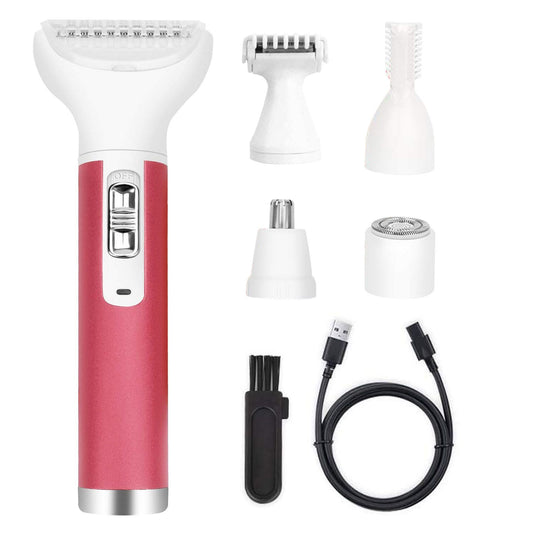 Electric hair trimmer kit with pink handle, interchangeable grooming heads, USB charging cable, and cleaning brush for all-in-one personal grooming.