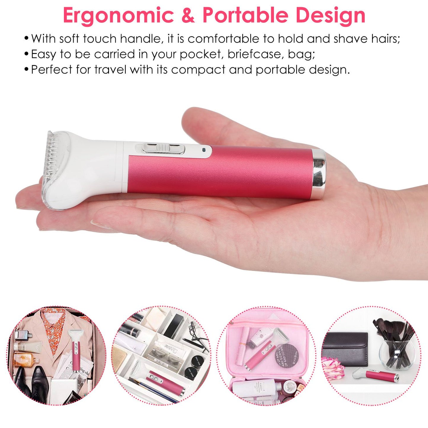 Compact and ergonomic pink hair shaver held in a hand, showcasing its soft touch handle and portable design, ideal for travel and easy storage in bags.