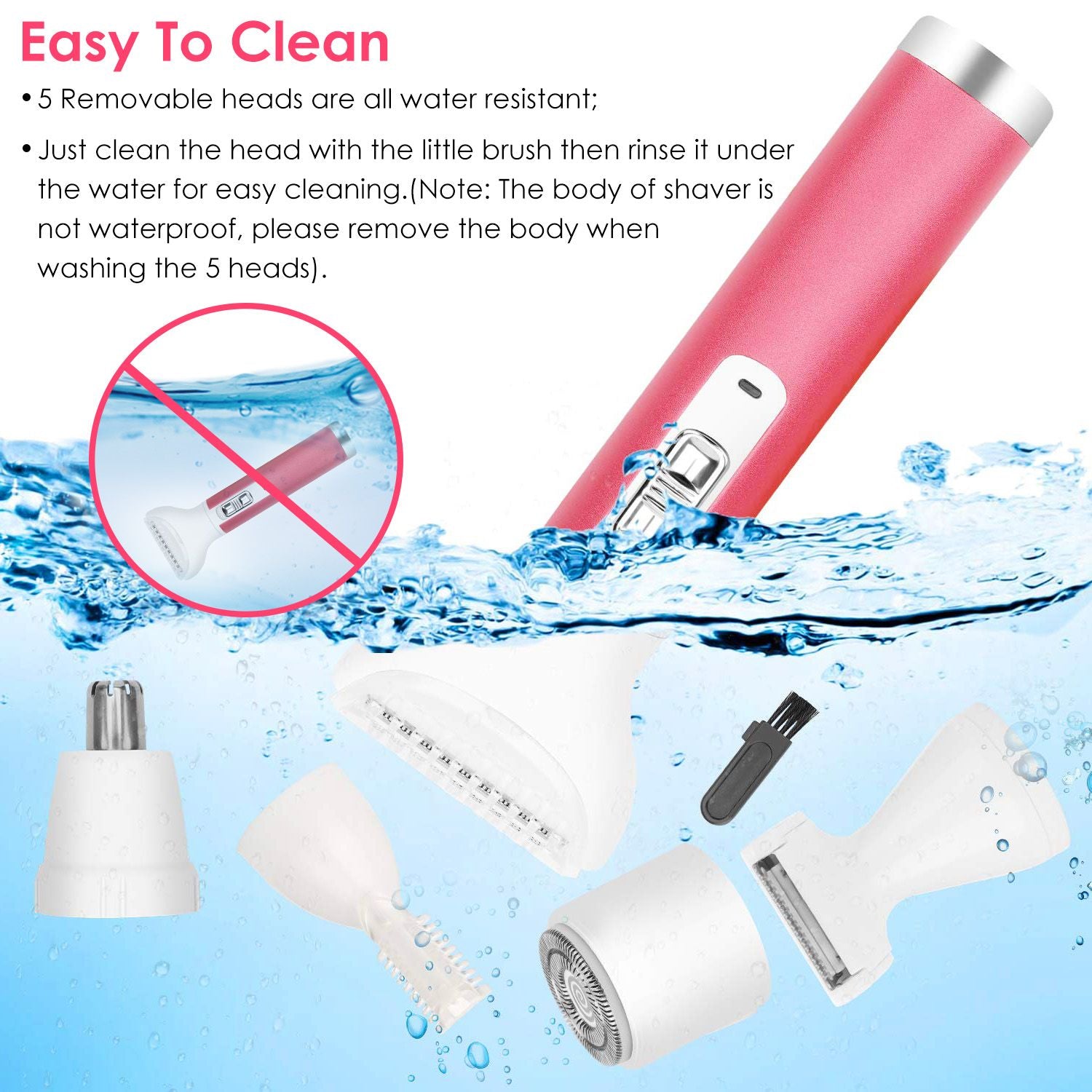 Water-resistant hair removal shaver kit with five interchangeable heads, including a cleaning brush, shown against a blue water backdrop for easy cleaning instructions.